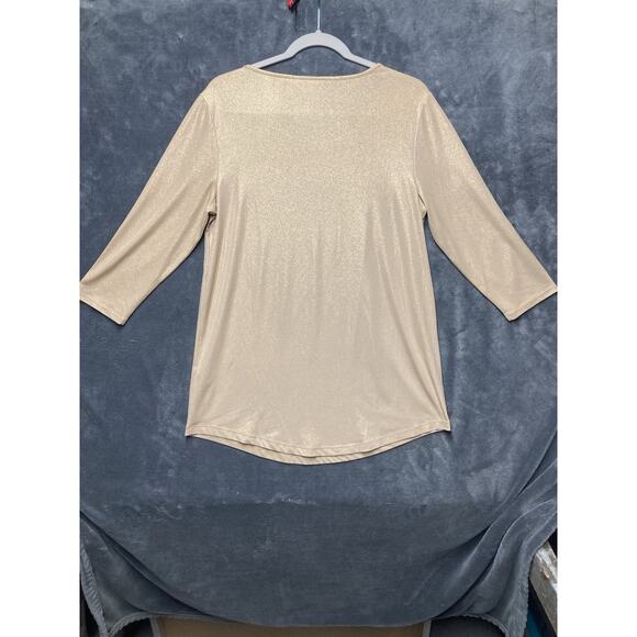 Chicos Blouse Top Women’s Plus Sz 1 Gold Shimmery 3/4 Sleeve Holiday Party - Picture 7 of 7